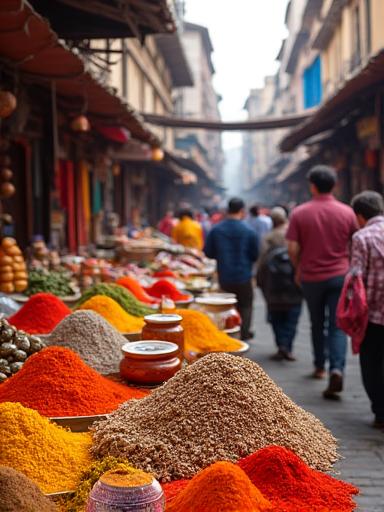 A vibrant and colorful spice market filled with local vendors and shoppers.