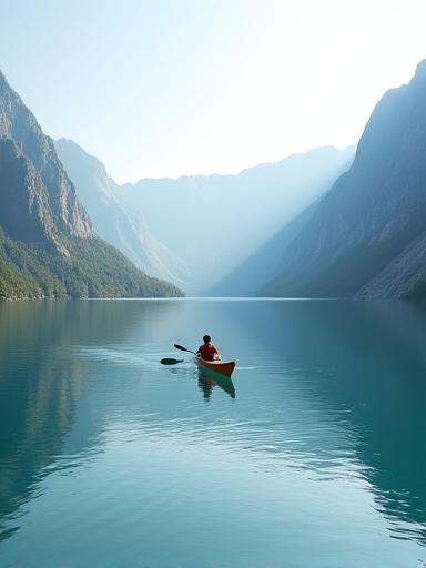Kayaking on a serene, glass-like lake surrounded by untouched mountains.