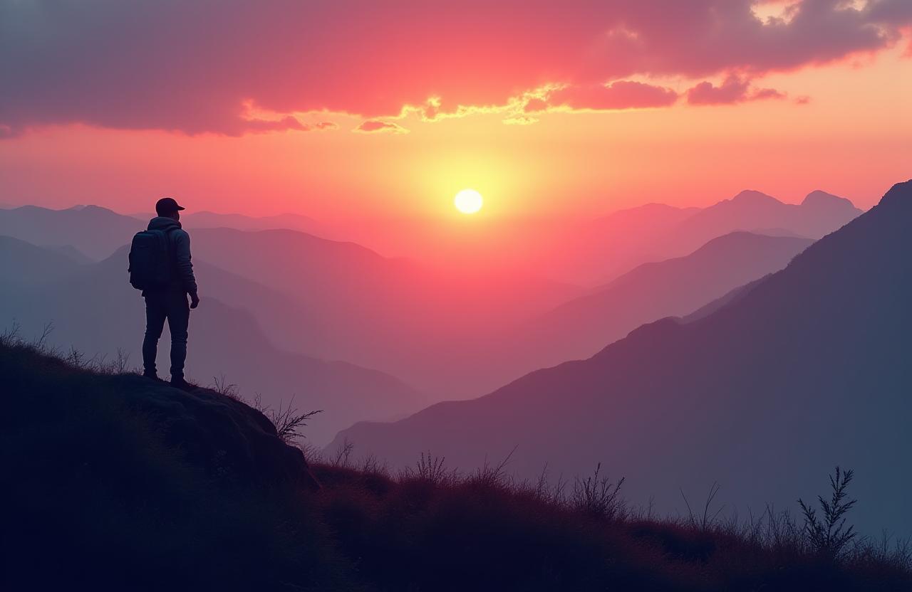 A lone traveler watching the sunrise over a vast, misty mountain range, evoking a sense of wonder.
