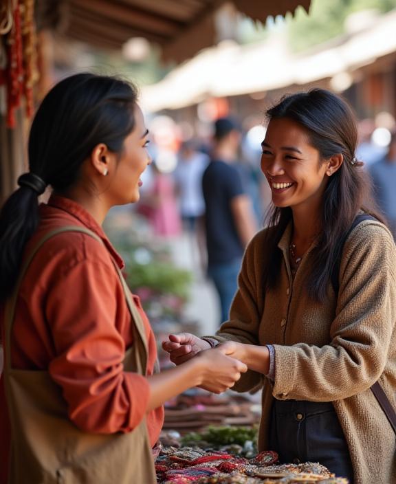 A traveler engaging warmly with a local artisan in an overseas market.